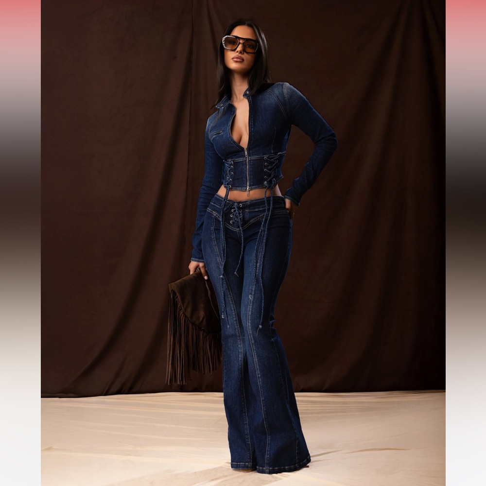 Dark Blue Lace-Up High-Waist Flare Jeans - Women